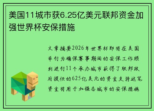 美国11城市获6.25亿美元联邦资金加强世界杯安保措施