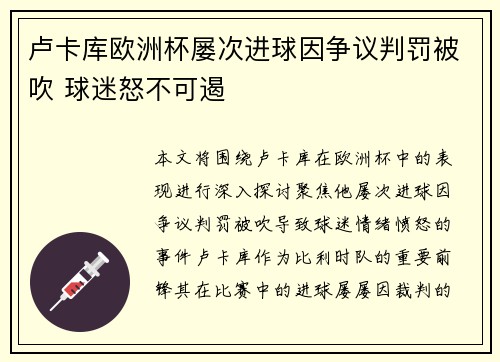 卢卡库欧洲杯屡次进球因争议判罚被吹 球迷怒不可遏